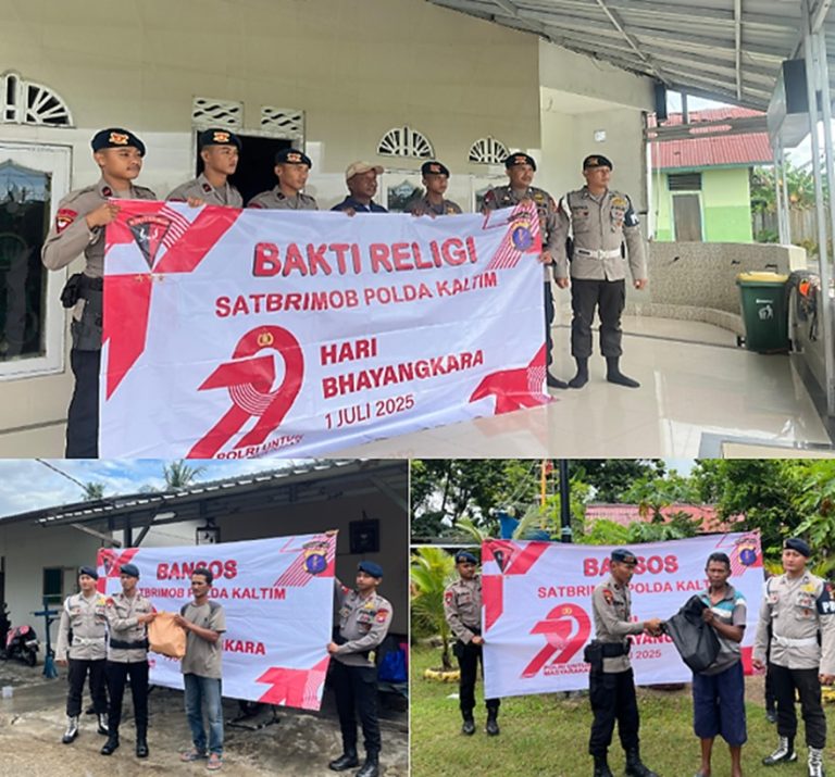 Dalam Rangka HUT Bhayangkara Ke-79, Brimob Balikpapan Wujudkan Kepedulian Lewat Bansos dan Bakti Religi